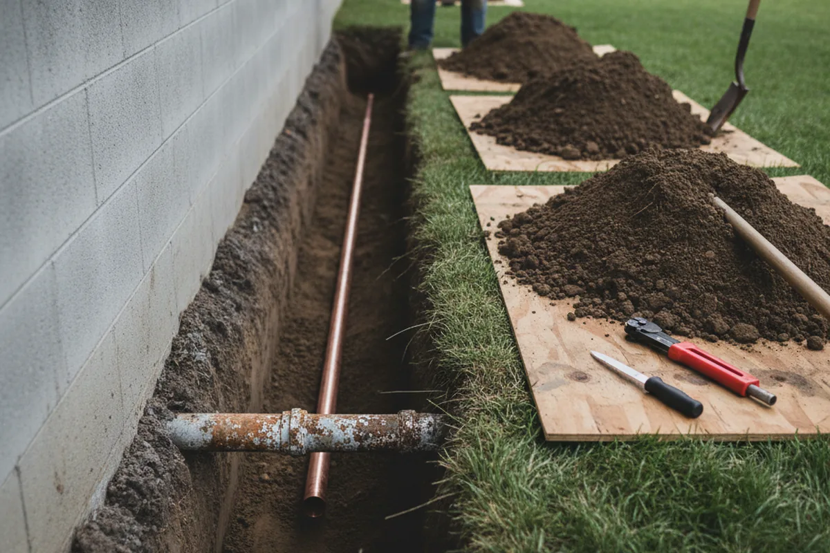 Excavated water line trench during Water Heater Repair in Pursglove